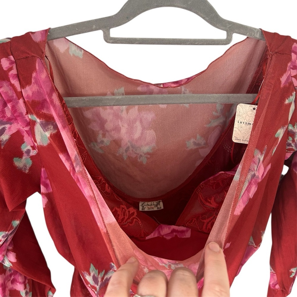 Free People Womens Size Small Bodysuit Cherry Red Printed Floral lace lined NWT - Picture 10 of 15